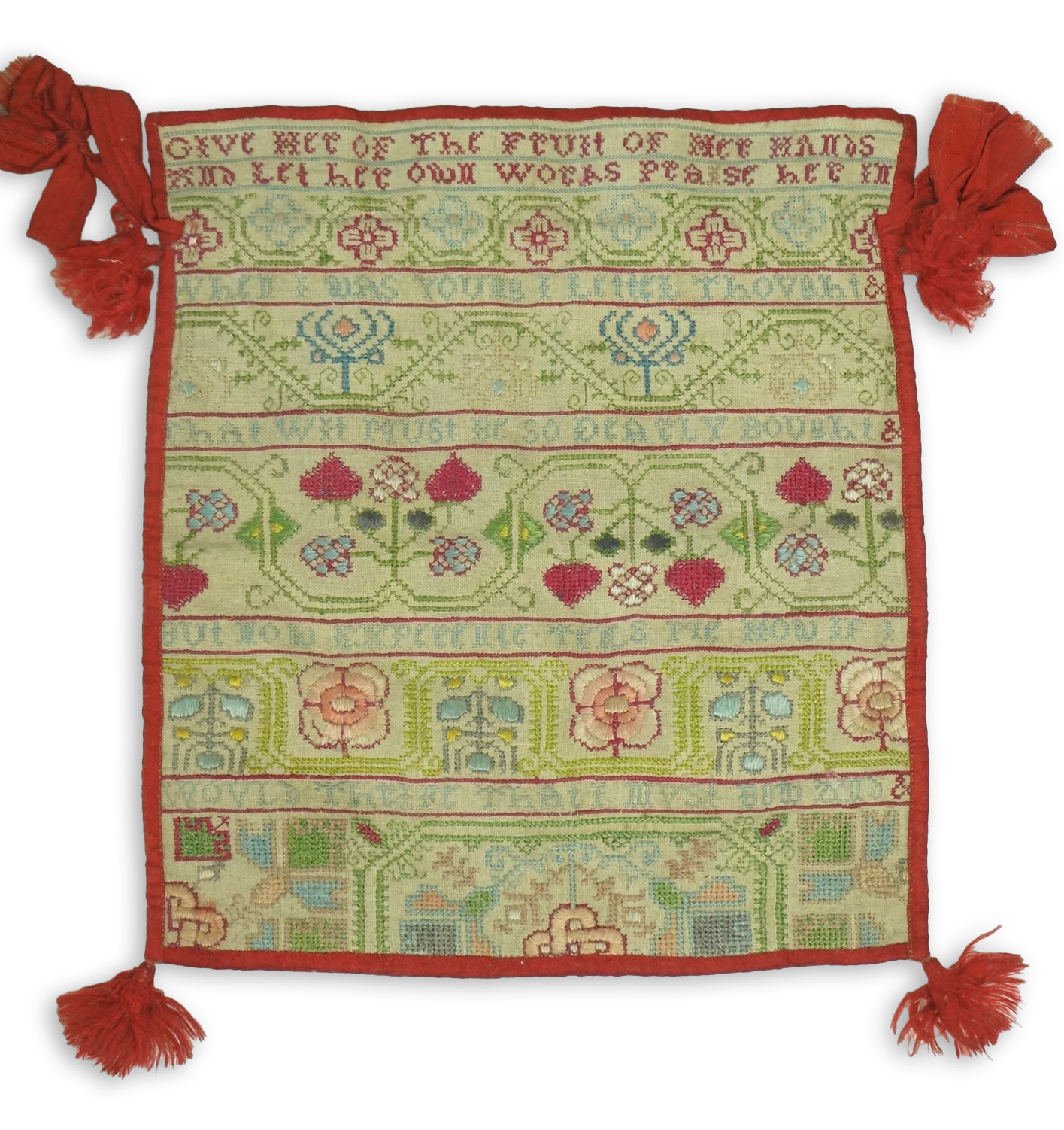 A 18th century long cross stitch sampler, converted later in the early 19th century into a bible bag and then later framed. The sampler worked in rows of alternate religious verse and floral embroidery. The sampler then